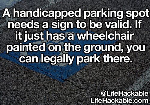 Image: A disabled car parking space. Image text: A handicapped parking spot needs a sign to be valid. If it just has a wheelchair painted on the ground, you can legally park there.