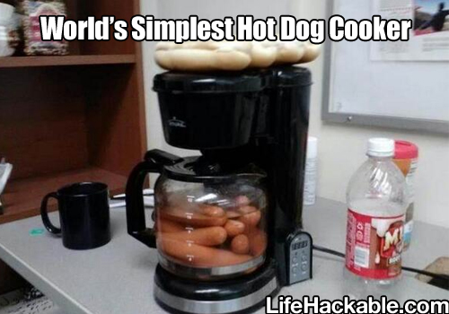 Image: some hot dogs cooking in the pot of a coffee maker. Text: World's simplest hot dog cooker.