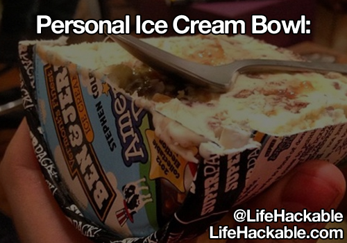 Image: a cardboard ice cream pot that has been sawn in half vertically. Image text: Personal ice cream bowl.