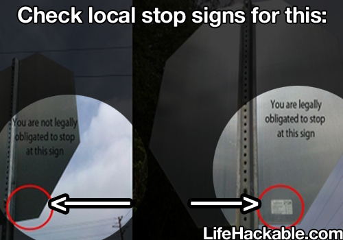Image: The backs of two Stop signs. One has a sticker on the back, the other does not. Image text: Check local stop signs for this. You are not legally obliged to stop at this sign (without sticker). You are legally obligated to stop at this sign (with sticker).