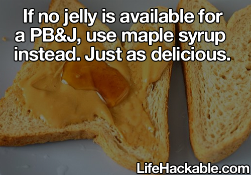 Sliced bread with peanut butter and maple syrup on it. Image text: If no jelly is available for a PB&J, use maple syrup instead. Just as delicious.