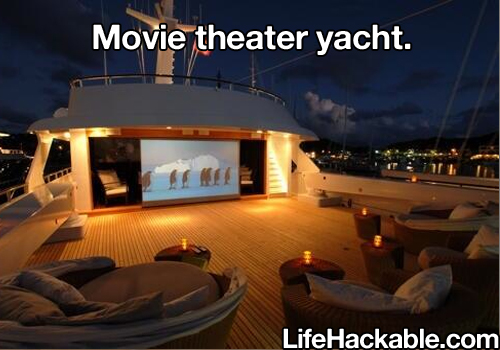 Image: Deck of a yacht with a home cinema system. Image text: Movie theatre yacht.